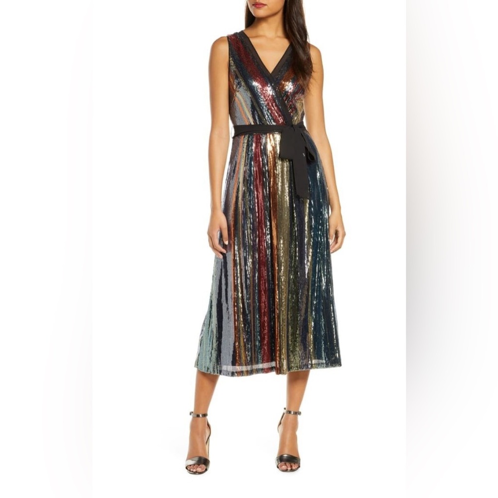 Julia Jordan Sequined-Stripe Midi Dress Sz 14